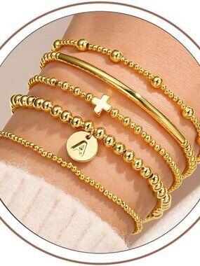 Trendy Gold Cross Bead Bracelet Set - Dainty Elastic Bangles for Women & Teens
